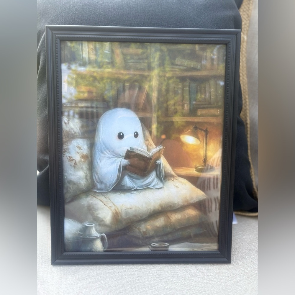 Framed 8x10” Ghost Reading in A Library Filled with Many Books Art Print